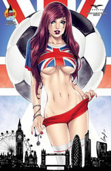 1girls big_ben big_breasts blue_eyes breasts busty comic_cover elias_chatzoudis eyeshadow female female_only ferris_wheel grimm_fairy_tales_zenescope keres_(zenescope) large_breasts lipstick london makeup mascara nail_polish official_art panties panty_pull pinup purple_eyebrows purple_hair red_lips red_lipstick red_nail_polish red_nails red_panties soccer soccer_ball solo text union_jack zenescope