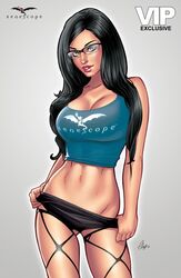 1girls big_breasts big_breasts black_hair black_panties blue_eyes blue_shirt breasts busty cleavage comic_cover elias_chatzoudis eye_contact female female_only glasses grimm_fairy_tales_zenescope large_breasts leggings long_hair looking_at_viewer official_art panties pink_lips pink_lipstick pinup sela_mathers shirt signature solo standing text zenescope