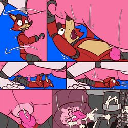 1:1 animatronic balls bodily_fluids canid canine comic crisis-omega cum five_nights_at_freddy's five_nights_at_freddy's_2 fox foxy_(fnaf) genital_fluids hi_res machine male male_only mammal mangle_(fnaf) navel_fetish navel_penetration penetration penis robot unusual_anatomy video_games