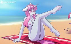 2019 5_fingers absurd_res anthro beach blush breasts cutie_mark dock equid female fingers friendship_is_magic hi_res holding_object hooves horn lipstick lipstick_vanity_(mlp) looking_at_viewer makeup mammal my_little_pony nipples nude outside pussy seaside solo umbrella unicorn whisperfoot