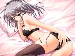 800x600 ass bed blue_eyes blush bra game_cg izumi_tsubasu katagiri_yuuhi lingerie long_hair lying panties pillow pillows short_hair side-tie_panties silver_hair thighhighs underwear yuuhi_katagiri