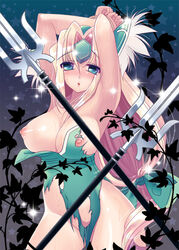 armpits arms_up blonde_hair blue_eyes blush breasts female long_hair low-tied_long_hair polearm riesz seiken_densetsu seiken_densetsu_3 slice_slime_(artist) spear torn_clothes trident very_long_hair weapon wet