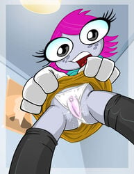 1girls 4_fingers anthro ass big_eyes ceiling_light clothed clothes clothing cum cum_leaking cum_on_panties disney eyelashes female female_only fly freckles gloves insect kandlin leaking leaking_cum leaking_pussy light looking_at_viewer looking_down maggie_pesky no_wings open_mouth pale_skin panties pink_hair poster purple_skin pussy pussy_juice rock_star room shirt short_hair skirt skirt_grab skirt_lift solo teal_shirt teeth_showing the_buzz_on_maggie tongue under_skirt underwear upskirt wet white_gloves white_panties white_underwear worm's-eye_view yellow_skirt