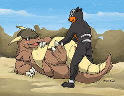 anthro black_fur color day female fur furry houndour insertion interspecies irene kangaskhan male nude outdoors pokemon sex side_view straight tagme