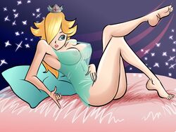 barefoot blonde_hair bottomless breasts feet felipe_choque female female_only hair hair_over_one_eye human large_breasts legs legs_crossed lingerie mario_(series) nintendo nipples no_panties nude princess_rosalina see-through sole solo straight_hair super_mario_galaxy thighs toes