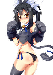 1girls animal_ears ass bare_shoulders bell bell_collar black_hair black_panties blush cat_ears cat_paws cat_tail collar dbmaster fate/kaleid_liner_prisma_illya fate_(series) female female_only from_behind hair_ornament hairclip looking_at_viewer miyu_edelfelt panties paw_pose paws ponytail simple_background single_thighhigh small_breasts solo tail thighhighs tied_hair underwear white_background yellow_eyes