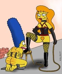 20th_century_studios accurate_art_style arms_behind_back ass bondage bound breasts color female female_only femdom human killbot marge_simpson mindy_simmons multiple_females multiple_girls nipples nude tagme the_simpsons violence vulva yellow_body yellow_skin yuri