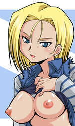 1girls android_18 blonde_hair blue_eyes breasts dragon_ball dragon_ball_z female female_only human nipples open_mouth pointy_chin puffy_nipples ryumage shirt_lift smile solo straight_hair