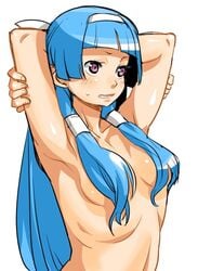 1girls arms_behind_head bangs blue_hair blunt_bangs blush bust female female_only hair_tubes hairband kannagi long_hair nagi nude poporon solo