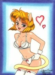 1girls 2003 animal_ears animal_tail blonde_hair blush bra breasts cat_ears cat_tail female gloves green_hair gunsmith_cats human james_bender light-skinned_female light_skin lingerie minnie_may_hopkins panties short_hair solo stockings underwear