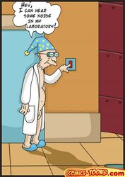 bathrobe blue_slippers comic english_text futurama hubert_j_farnsworth human indoors male male_only open_bathrobe slippers solo text text_bubble tile_floor tiles