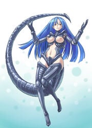 alien alien_(franchise) blue_hair breasts crow_(pixiv) edo_tatsuki female long_hair nipples personification red_eyes solo tail thighhighs xenomorph