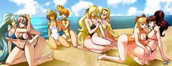 6+girls 8girls ass beach bikini bishoujo_senshi_sailor_moon bow crossover cynthia_(pokemon) female female_only human human_only jadenkaiba kasumi_(pokemon) large_breasts league_of_legends lily_(vocaloid) makoto_kino megurine_luka minako_aino multiple_girls one-piece_swimsuit pokemon sakura_hime shounen_jump sona_buvelle swimsuit tsubasa_chronicle vocaloid yuri