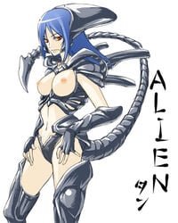 1girls alien alien_(franchise) blue_hair breasts edo_tatsuki female long_hair nipples personification red_eyes solo thighhighs xenomorph