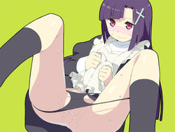 1girls blush clothing cross female female_only footwear kannagi namaeha_(pixiv77217) panties pomelocandy purple_hair pussy_juice skirt skirt_lift socks solo spread_legs sweat uncensored underwear zange