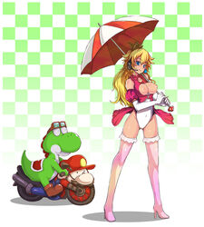 bare_shoulders blonde_hair blue_eyes breasts elbow_gloves kara_(color) mario mario_(series) mario_kart nintendo nipples princess_peach smile straight_hair thighhighs yoshi