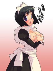 blush breast_hold breasts clothing covering covering_breasts enf large_breasts maid nipples ootomo_takuji pointy_chin purple_eyes short_hair siesta translation_request zero_no_tsukaima