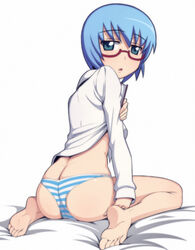 ass_cleavage barefoot blue_eyes blue_hair bottomless butt_crack caryo clothing feet glasses looking_back nanashino no_pants panties short_hair sitting soles striped striped_panties tabitha toes underwear zero_no_tsukaima