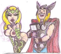 1boy 1girls amora_the_enchantress female human human_only legacy1976 light-skinned_female light-skinned_male light_skin male marvel marvel_comics mjolnir pencil_(artwork) sketch straight straight_hair tagme teasing thor_(marvel) thor_(series) weapon