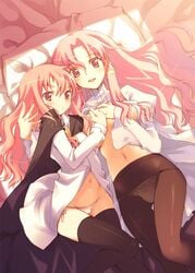 2girls blush brown_legwear cattleya_yvette_la_baume_le_blanc_de_la_fontaine clothing color female female_only inado_serere inato_serere large_breasts louise_francoise_le_blanc_de_la_valliere lying_on_bed multiple_girls panties panties_under_pantyhose pantyhose pink_hair stockings underwear yuri zero_no_tsukaima