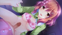 1boy areolae blush bra breasts brown_eyes brown_hair censored female game_cg hand_holding kimishima_ao mitsu_king mosaic_censoring navel nipples open_mouth otome_ga_kanaderu_koi_no_aria penis saijo_nozomi short_hair zinno