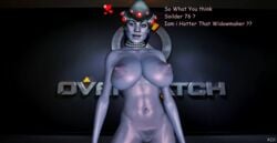 1girls 3d background big_breasts big_nipples blizzard_entertainment blue_eyes blue_hair breasts collar comic_sans crossover cybercole360 female female_only games hairy_pussy headgear headset heart huge_breasts human human_only legs mass_effect mass_effect_2 mass_effect_3 miranda_lawson nipples nude nude_female overwatch posing purple_skin pussy render solo text video_games widowmaker_(cosplay) xnalara xps