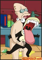 anal_penetration comic eyewear fangs futurama hubert_j_farnsworth male male_only mouth_open multiple_males nibbler nude outstretched_arms size_difference tongue_out wide-eyed yaoi