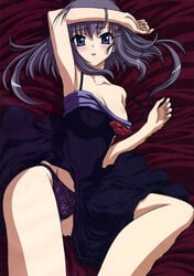 akane-iro_ni_somaru_saka bed blue_eyes blush breasts cleavage dress highres katagiri_yuuhi panties pointy_chin silver_hair underwear yuuhi_katagiri