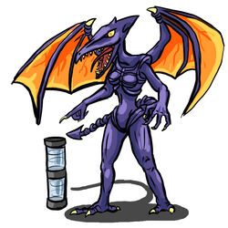 dragon featureless_crotch female_ridley metroid nintendo no_humans no_nipples no_visible_genitalia oniontrain pointing ridley rule_63 sharp_claws sharp_teeth simple_background space_dragon_(metroid) wings