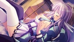 1boy between_legs breast_grab breasts breasts_out claire_(gigai_no_alruna) female gigai_no_alruna nipples purple_hair tagme thighhighs white_legwear yamamoto_kazue