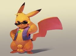 1boy 2019 3_toes animal_genitalia anthro anthrofied belly big_belly black_fur bottomless chubby clothes clothing eye_contact eyewear feet flaccid front_view fully_sheathed furry half-closed_eyes hi_res jewelry looking_at_viewer male male_only mammal navel necklace nintendo nude original_character paws pikachu pokémon_(species) pokemon pokemon_rgby pose red_cheeks rodent roy_arashi shadow sheath simple_background smile solo standing sunglasses tail testicles thick_thighs topwear vest video_games wide_hips yellow_fur