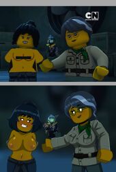 3girls alexx101 artist_name beauty_mark big_breasts black_eyes black_hair blurry_background blush bouncing_breasts clothed_female coat dildo_in_hand edited female_only glasses gray_hair green_eyes green_scarf hair_band huge_breasts lego midriff misako_(ninjago) nindroid ninja ninjago nya_(ninjago) p.i.x.a.l. shocked_female showing_breasts sitting smiling_at_viewer smirk topless yellow_skin