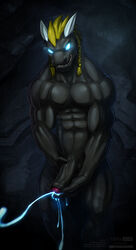 absurd_res anthro black_body blue_cum bodily_fluids braided_hair colored_cum cum dust:_an_elysian_tail erection genital_fluids glowing glowing_cum glowing_eyes grin hair hi_res lizard male male_only masturbation moonblood muscular penile penile_masturbation penis reptile scalie sereth sharp_teeth smile solo teeth todex uncut unusual_cum vein veiny_penis