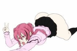 1girls ass ass_in_air ass_up ass_up_face_down baddiesart big_ass black_nail_polish black_nails black_skirt black_streaked_hair clothed clothed_female commission commissioner_upload dat_ass face_down_ass_up fat_ass huge_ass large_ass looking_at_viewer oc on_stomach original original_character peace_sign pink_eyes pink_hair pink_shirt pink_topwear plain_background short_skirt skirt solo sticker_on_face sticking_out_tongue teasing teenage_girl teenager thicc thick_ass tongue tongue_out twintails white_background yukina_(chronomixist)