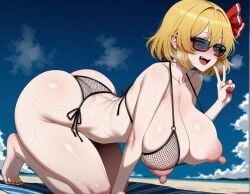 1girls ai_generated ass beach bikini blonde_hair breasts female hair_ribbon large_breasts nipples ribbon rumia short_hair solo_female sunglasses tinted_eyewear touhou v_sign yellow_eyes