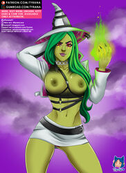 1girls artist_name belt between_breasts breasts breasts_out choker clitoris clouds collarbone earrings eyeshadow female female_only fire fortnite front_view gradient_hair green_fire green_skin hand_behind_head hat hemlock_(fortnite) highres human large_breasts lipstick long_fingernails long_hair magic makeup miniskirt nipples orange_eyes perky_breasts pointy_ears posing purple_lipstick sharp_fingernails skirt smile smirk solo standing topless tyrana url very_long_hair watermark white_skirt witch witch_hat