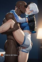 1boy ai ai-created ai_assisted ai_generated anus arms_around_neck ass bald black_hair black_jacket blue_eyes blue_hair blue_nails blush breasts clothed_female_nude_male clothed_sex completely_nude crop_top cropped_jacket crotch_cutout cum cum_in_pussy cum_overflow dark-skinned_male dark_skin earrings elbow_gloves faceless_male female french_kiss gloves interracial jacket jewelry kissing lamp large_breasts leg_lift luna_snow luna_snow_(marvel_rivals) male_pubic_hair marvel marvel_comics marvel_rivals meitabuu multicolored_hair nude patreon_logo patreon_username penis pubic_hair pussy saliva sex short_hair short_shorts shorts split-color_hair standing standing_on_one_leg standing_sex straight sweat testicles thighs tongue tongue_out two-tone_hair uncensored vaginal_penetration very_dark_skin white_hair white_shorts
