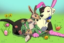 animal_genitalia anus bird_dog canid canine canis clothed clothed_feral clothing collar daffodil_(flower) dalmatian domestic_dog duo easter easter_bunny egg european_hare eyeshadow female female/female feral flower genitals grass hare hi_res holidays hunting_dog jess_(kinaj) kinaj labrador lagomorph legwear leporid lingerie lingerie_on_feral lying makeup mammal mixed_breed on_back on_side paws plant retriever spread_legs spreading stockings