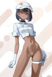 1girls aether_foundation aether_foundation_employee black_choker black_hair bottomless bottomless_female breasts cap choker clothing crop_top dark-skinned_female dark_skin female gloves grey_eyes hat headwear high_resolution hip_bones holster looking_at_viewer navel otokakoto peaked_cap pokemon pokemon_(game) pokemon_character pokemon_sun_&_moon short_hair skindentation small_breasts solo stomach thigh_holster thigh_strap uncensored very_high_resolution white_gloves white_hat white_headwear