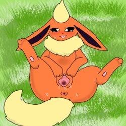 4_toes anthro anus big_ass blush canine clitoris digital_media_(artwork) eeveelution eyelashes female female_only feral flareon fluffy_tail fur_collar furry generation_1_pokemon genitals grass green_eyes hi_res looking_at_viewer lying mammal neck_tuft nintendo no_humans nude on_back orange_fur outdoors outside pawpads pokemon pokemon_(species) pokemon_rgby pussy pussy_juice simple_background smile solo solo_focus spread_legs spread_pussy spreading sweat tagme tail tongue tongue_out vagina video_games yellow_fur