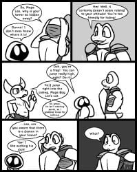 2025 2_horns amphibian anthro armor barely_visible_genitalia barely_visible_penis bottomless bottomwear breastplate cape caspar_the_frog clothed clothing comic cute_fangs demon dialogue dressing english_text eyebrows fangs frog genitals gesture group hand_gesture hand_on_head headgear helmet horn leo_the_magician long_sleeves male motion_lines mouthless nipples no_pupils open_mouth pants penis pointing raised_eyebrow raised_hand shadow_creature shirt short_tail shoulder_pads speech_bubble tail teeth text to-be-named-later topless topwear trio ultilix undressing
