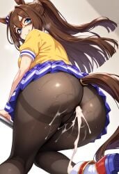 ai_generated animal_ears artist_request ass ass_focus blue_eyes brown_hair cum cum_in_pantyhose el_condor_pasa_(umamusume) horse_ears horse_girl horse_tail legs pantyhose smile smirk smirking_at_viewer umamusume umamusume_pretty_derby