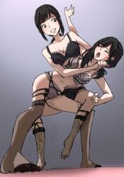 2girls artist_request belly belly_button black_hair bra brown_hair catfight cobra_twist cobratwist dominant_female female lingerie lingerie_only original original_characters pain panties smile smiling submission_hold thighs wrestling wrestling_femdom wrestlingryona yuri