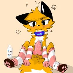 anus biped black_ears bodily_fluids canid canine cheek_tuft clothing collar dizzy drooling erection facial_tuft feral fluffy fluffy_tail fooxo fox fur genitals hair legwear looking_at_viewer lube lube_bottle lube_life male mammal orange_body orange_fur orange_hair pawpads paws penis programming_socks saliva shaded simple_background simple_eyes simple_nose simple_shading sitting sitting_on_tail solo tail thigh_highs true_fox tuft
