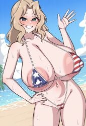 1girls american_flag_bikini areola_slip areolae bikini blonde_hair blue_eyes blush breasts busty cameltoe cleavage female female_only girls_und_panzer hand_on_hip huge_breasts kay_(girls_und_panzer) light-skinned_female light_skin looking_at_viewer micro_bikini navel nipple_bulge nipples outside smile solo sweat