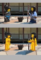 2girls alexx101 annoyed_expression artist_name beauty_mark big_breasts black_eyes black_hair blurry_background blush bucket clothed_female dojo edited erect_nipples female female_only flustered hair_down hair_up hairband huge_breasts lego long_hair maya_(ninjago) midriff mother_and_daughter ninja ninjago nude nude_female nya_(ninjago) pussy smiling staff sweating vagina yellow_skin
