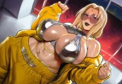 ai_generated big_breasts bikini blonde_female blonde_hair boruto:_naruto_next_generations bra cougar huge_breasts mature_female milf naruto_(classic) naruto_(series) naruto_shippuden older_female open_jacket splashthomson streetwear sunglasses track_jacket track_suit tsunade