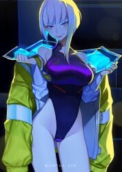1girls absurdres artist_name bare_shoulders borrowed_clothes breasts cowboy_shot cyberpunk cyberpunk_(series) cyberpunk_edgerunners english_text eyeliner female heattech_leotard highleg highleg_leotard highres jacket keiryuu_seo leotard looking_at_viewer lucyna_kushinada makeup medium_breasts multicolored_eyes multicolored_hair neon_lights night open_clothes parted_bangs red_eyeliner red_lips short_hair smile solo thighs turtleneck white_hair yellow_jacket