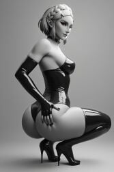 ai_generated ass_grab black_and_white black_eyeliner black_fingernails blonde_hair breath_of_the_wild elf female_elf from_behind grabbing_ass green_eyes high_heels hyrule_warriors latex latex_boots latex_clothing latex_gloves latex_suit latex_thighhighs looking_back nintendo princess_zelda red_eyes squatting the_legend_of_zelda the_legend_of_zelda:_breath_of_the_wild wink winking winking_at_viewer zelda_(breath_of_the_wild)