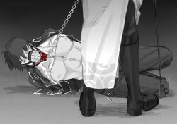 2boys arms_behind_back blue_eyes bondage chain_leash chained chains collar gay gintama gintoki_sakata hijikata_toshiro looking_at_another male male_only malesub muzzle_(object) on_side pecs petplay police_officer police_uniform restrained riding_crop shaded_face shinsengumi_(gintama) shirt_up solo_focus spot_color toned toned_male unbuckled_belt whitecatemily yaoi